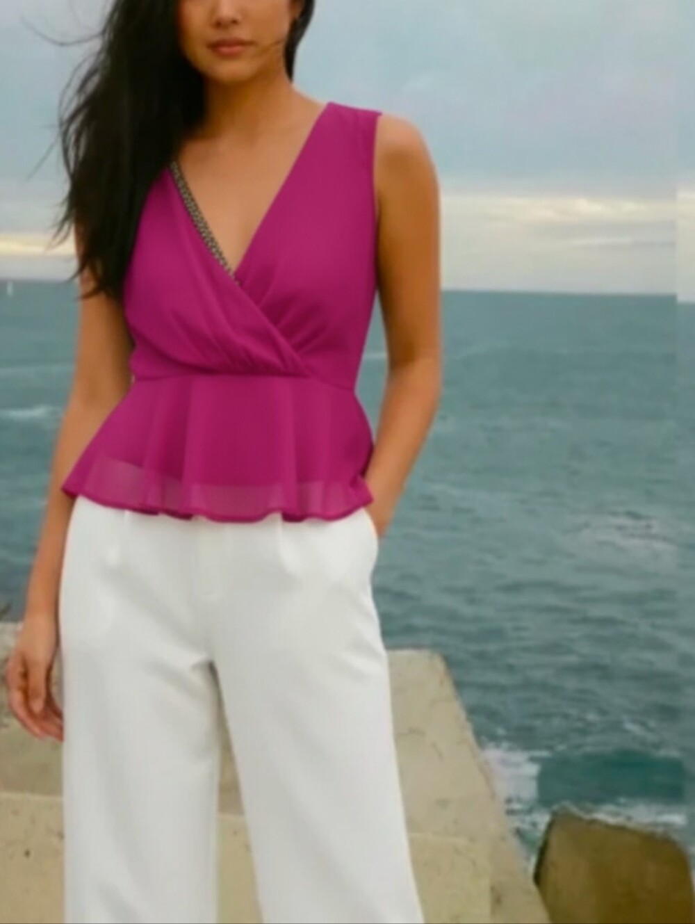 Tristan Fuchsia Sleeveless Wrap-Style Peplum Top